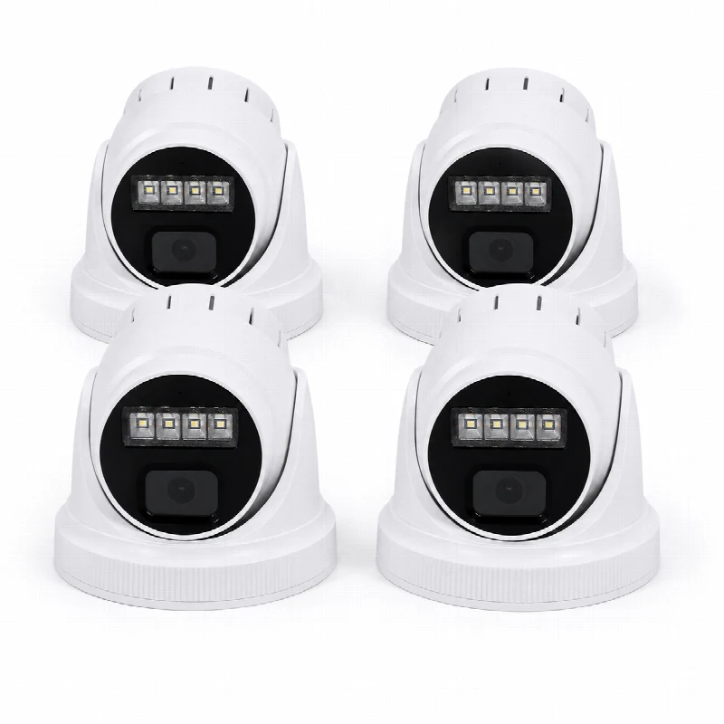 Four white turret security cameras with built-in lights